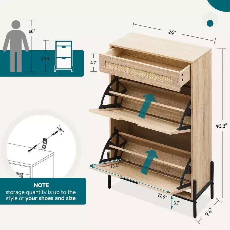 Zapatero con 2 puertas abatibles y cajones, organizador de zapatos de ratán natural con patas de metal y estante ajustable, independiente para recibidor