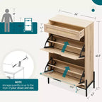 Zapatero con 2 puertas abatibles y cajones, organizador de zapatos de ratán natural con patas de metal y estante ajustable, independiente para recibidor