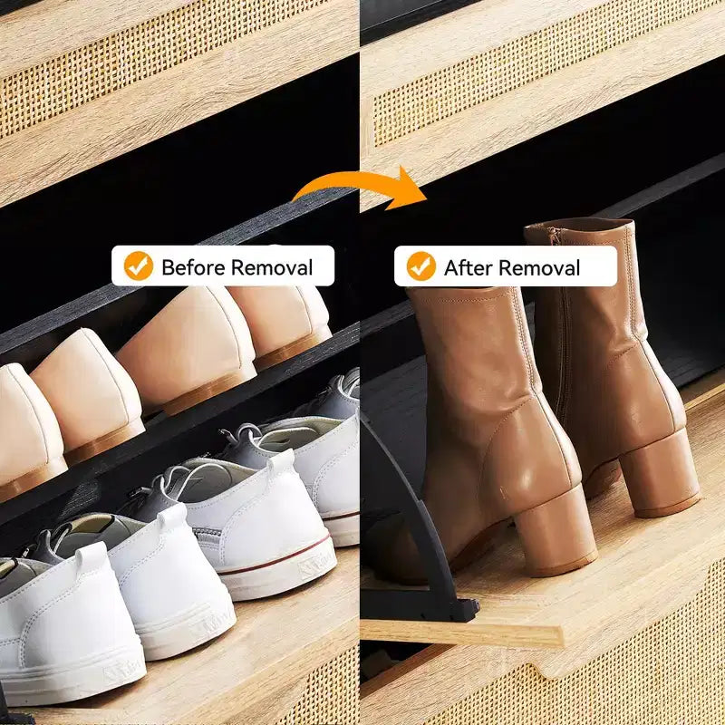 Zapatero con 2 puertas abatibles y cajones, organizador de zapatos de ratán natural con patas de metal y estante ajustable, independiente para recibidor