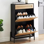Zapatero con 2 puertas abatibles y cajones, organizador de zapatos de ratán natural con patas de metal y estante ajustable, independiente para recibidor