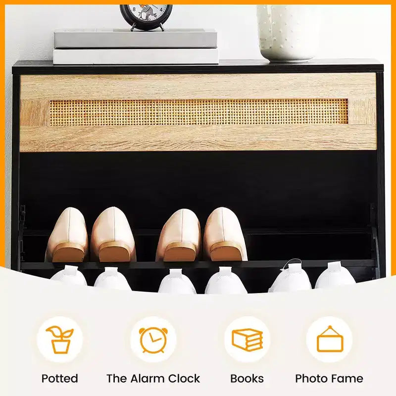 Zapatero con 2 puertas abatibles y cajones, organizador de zapatos de ratán natural con patas de metal y estante ajustable, independiente para recibidor