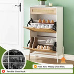 Zapatero con 2 puertas abatibles y cajones, organizador de zapatos de ratán natural con patas de metal y estante ajustable, independiente para recibidor