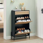 Shoe Storage Cabinet with 2 Flip Doors and Drawers, Natural Rattan Shoe Organizer with Metal Legs and Adjustable Shelf, Freestanding for Entryway