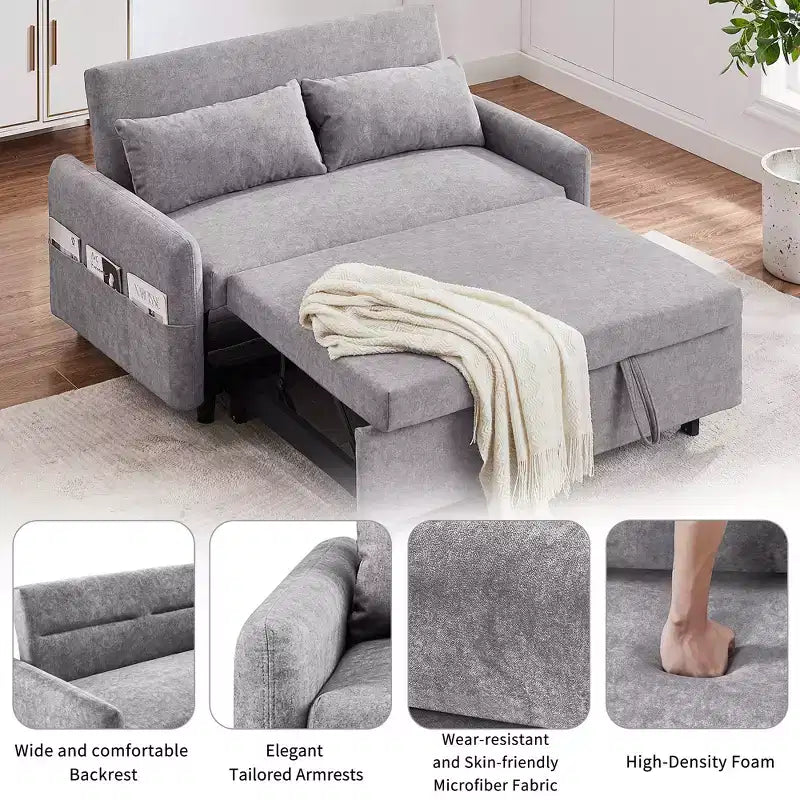 Sofá cama extraíble de 55.1" Biplaza con respaldo ajustable, bolsillos de almacenamiento y 2 almohadas suaves