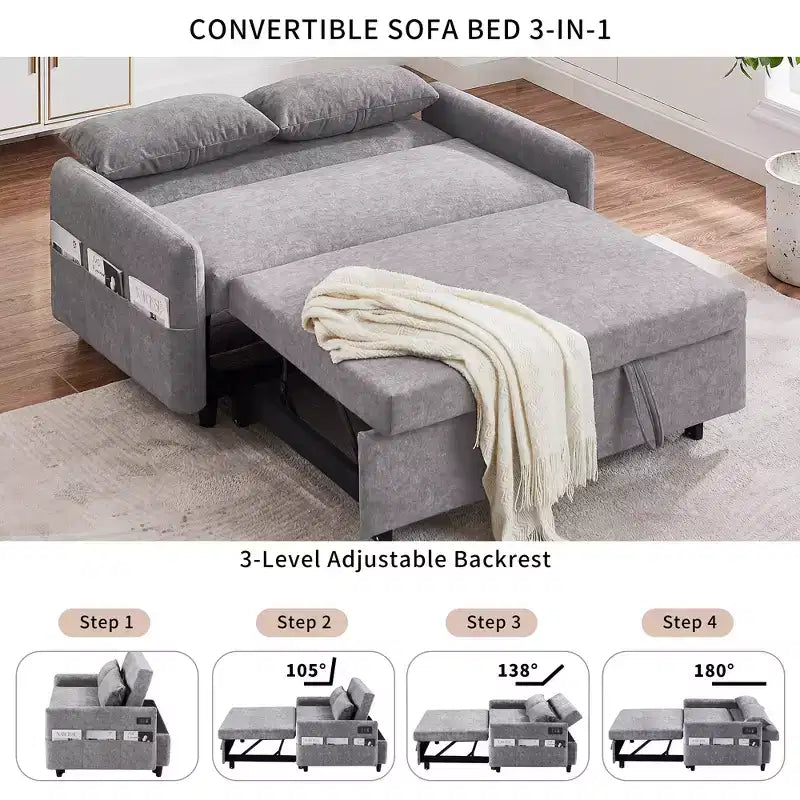 Sofá cama extraíble de 55.1" Biplaza con respaldo ajustable, bolsillos de almacenamiento y 2 almohadas suaves
