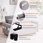 Sofá cama extraíble de 55.1" Biplaza con respaldo ajustable, bolsillos de almacenamiento y 2 almohadas suaves