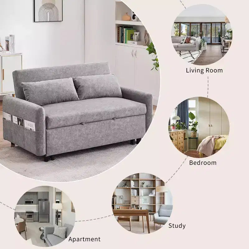 Sofá cama extraíble de 55.1" Biplaza con respaldo ajustable, bolsillos de almacenamiento y 2 almohadas suaves