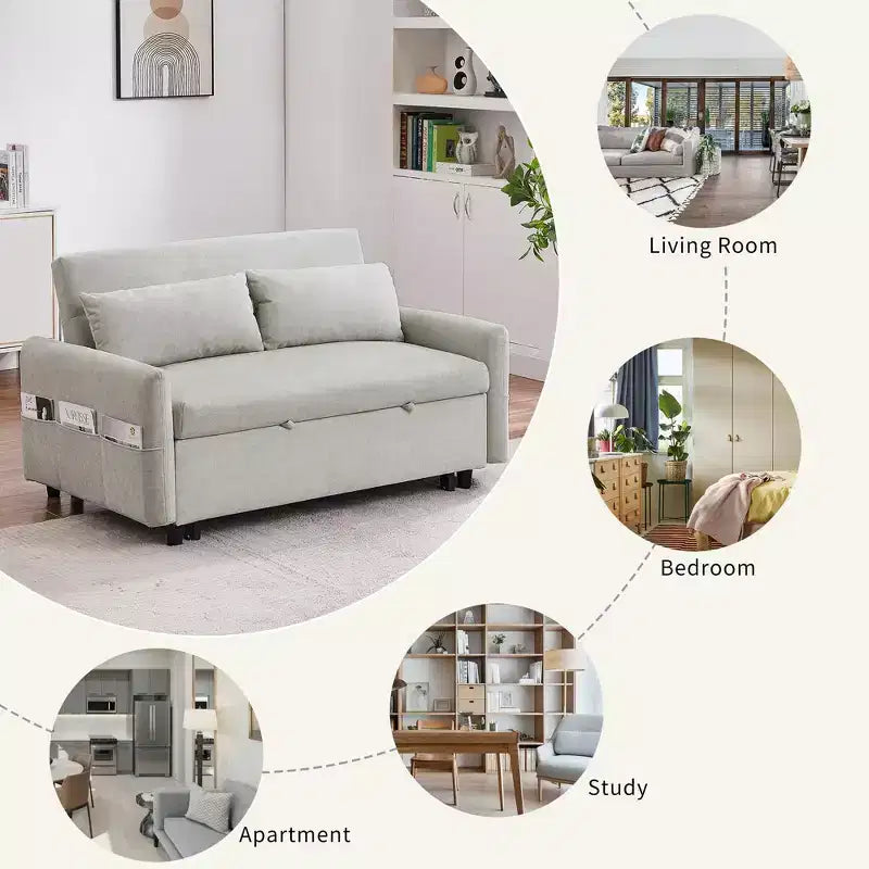 Sofá cama extraíble de 55.1" Biplaza con respaldo ajustable, bolsillos de almacenamiento y 2 almohadas suaves