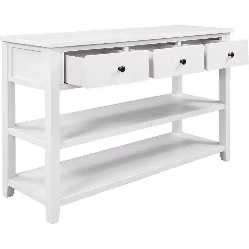 Mesa de consola, mediados de siglo, patas de madera, 3 cajones y estante abierto de 2 niveles, para entrada, pasillo, sala de estar