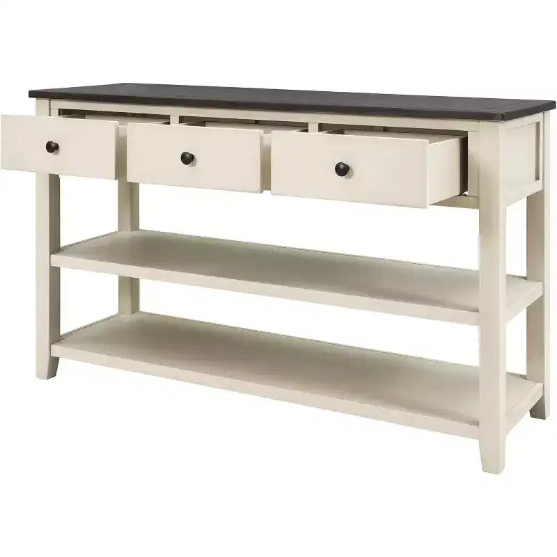 Mesa de consola, mediados de siglo, patas de madera, 3 cajones y estante abierto de 2 niveles, para entrada, pasillo, sala de estar