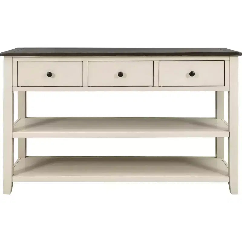 Mesa de consola, mediados de siglo, patas de madera, 3 cajones y estante abierto de 2 niveles, para entrada, pasillo, sala de estar