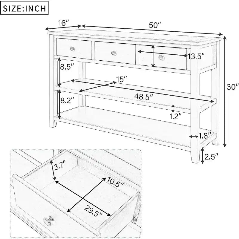 Mesa de consola, mediados de siglo, patas de madera, 3 cajones y estante abierto de 2 niveles, para entrada, pasillo, sala de estar