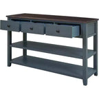 Mesa de consola, mediados de siglo, patas de madera, 3 cajones y estante abierto de 2 niveles, para entrada, pasillo, sala de estar