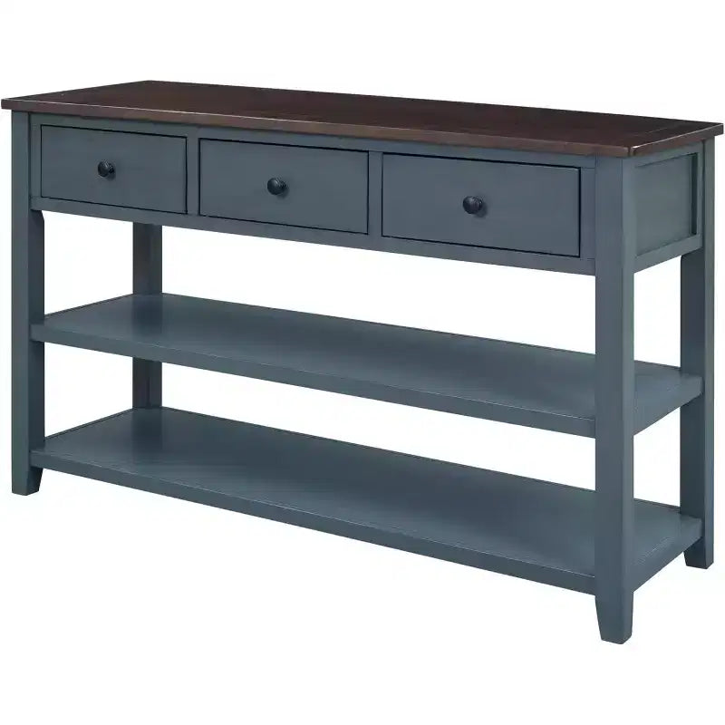 Mesa de consola, mediados de siglo, patas de madera, 3 cajones y estante abierto de 2 niveles, para entrada, pasillo, sala de estar
