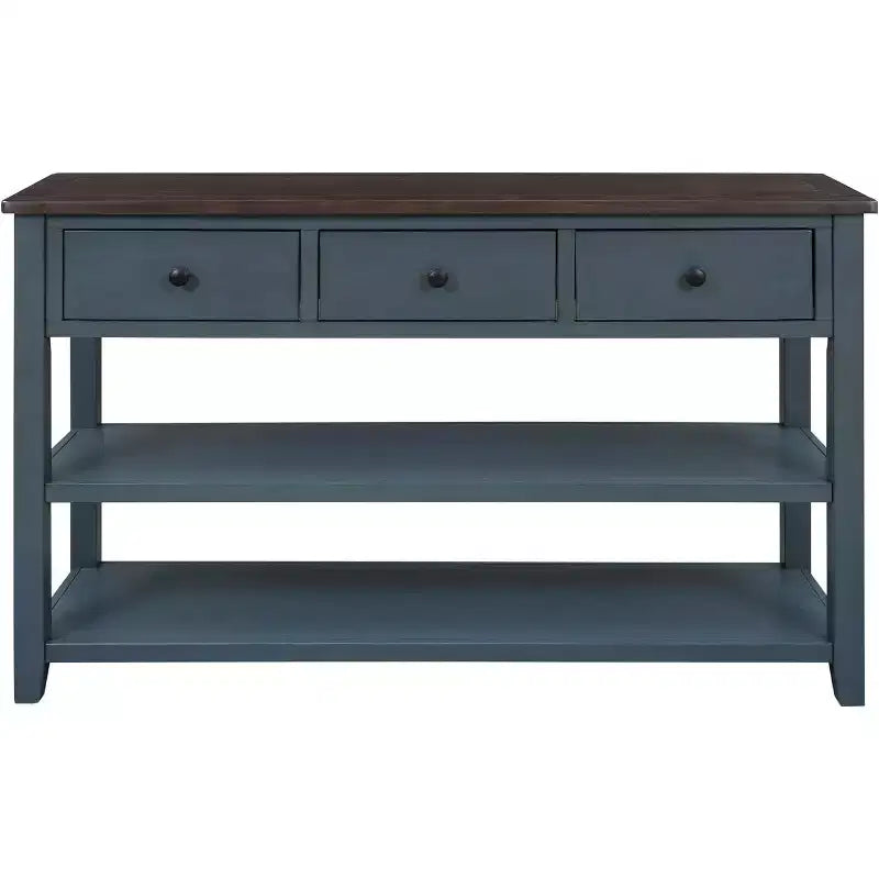 Mesa de consola, mediados de siglo, patas de madera, 3 cajones y estante abierto de 2 niveles, para entrada, pasillo, sala de estar