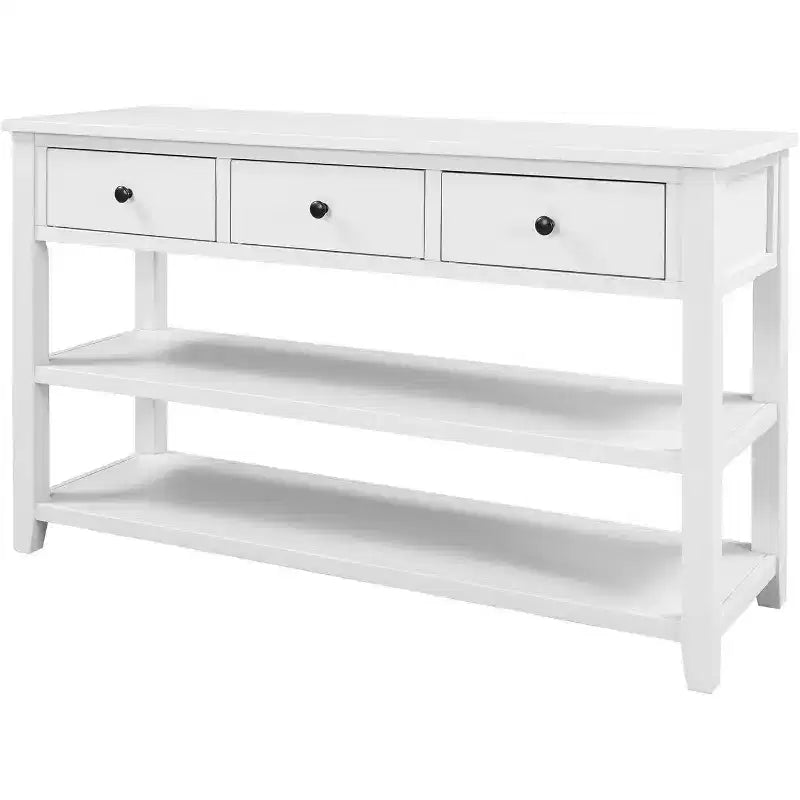 Mesa de consola, mediados de siglo, patas de madera, 3 cajones y estante abierto de 2 niveles, para entrada, pasillo, sala de estar
