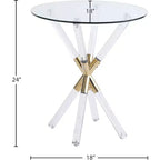 Mesa auxiliar redonda de acrílico y dorado con tapa de cristal templado