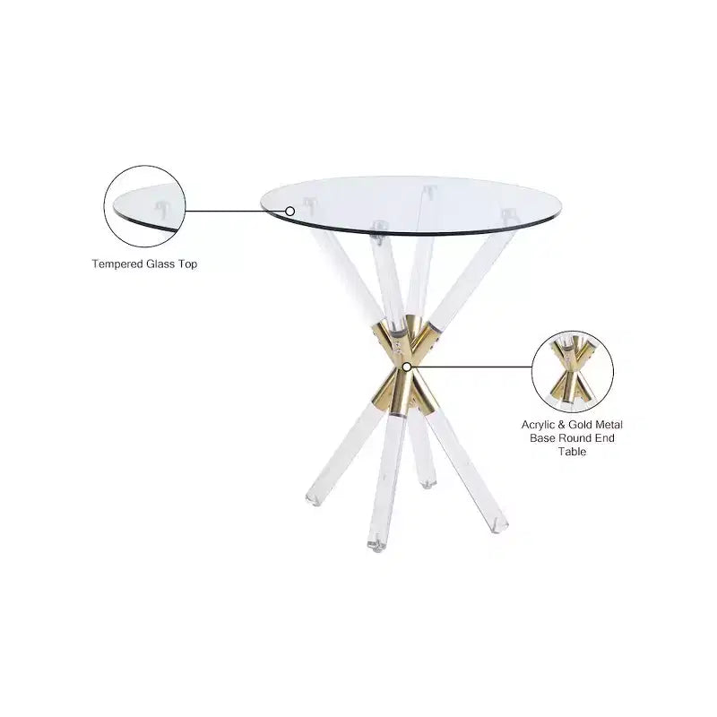 Mesa auxiliar redonda de acrílico y dorado con tapa de cristal templado