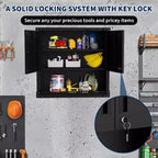 Armario de pared de alta resistencia | Almacenamiento colgante de acero con estantes y cerradura | Organizador resistente al óxido para garaje, taller, almacén - Negro