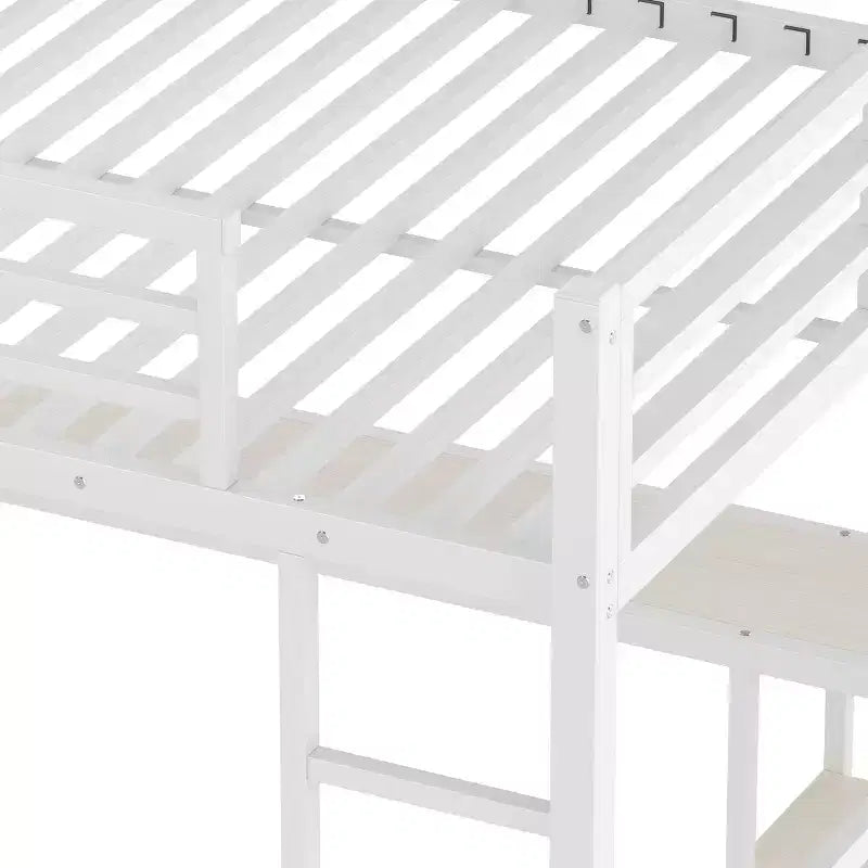 Cama alta tipo loft tamaño queen con armario integrado, cama alta de metal con escritorio y estantes de almacenamiento, grano de madera