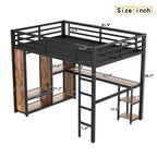 Cama alta tipo loft tamaño queen con armario integrado, cama alta de metal con escritorio y estantes de almacenamiento, grano de madera