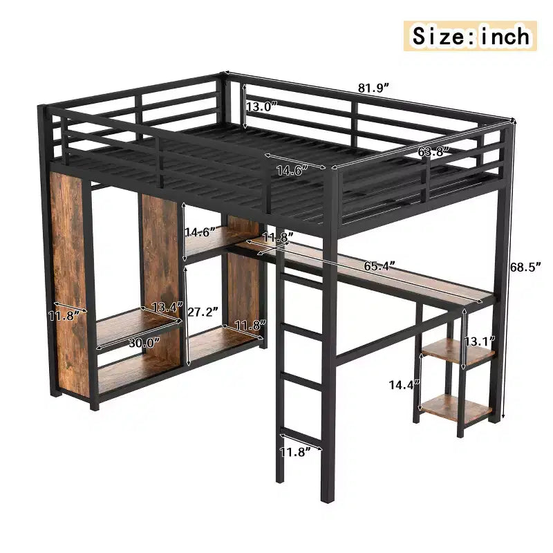 Cama alta tipo loft tamaño queen con armario integrado, cama alta de metal con escritorio y estantes de almacenamiento, grano de madera