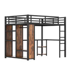 Cama alta tipo loft tamaño queen con armario integrado, cama alta de metal con escritorio y estantes de almacenamiento, grano de madera