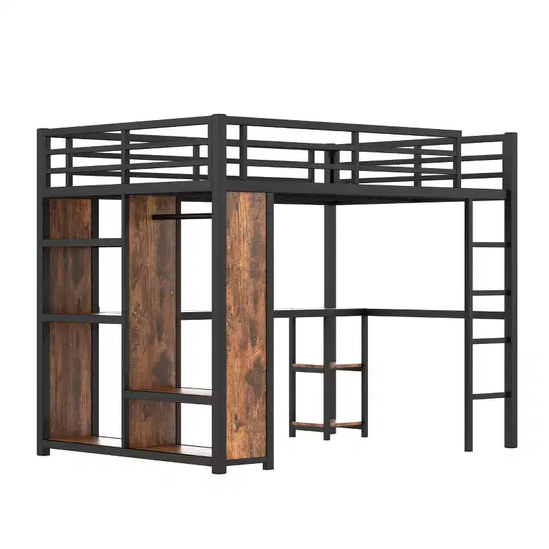 Cama alta tipo loft tamaño queen con armario integrado, cama alta de metal con escritorio y estantes de almacenamiento, grano de madera