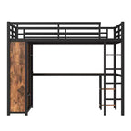 Cama alta tipo loft tamaño queen con armario integrado, cama alta de metal con escritorio y estantes de almacenamiento, grano de madera