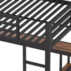 Cama alta tipo loft tamaño queen con armario integrado, cama alta de metal con escritorio y estantes de almacenamiento, grano de madera