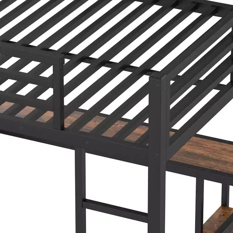 Cama alta tipo loft tamaño queen con armario integrado, cama alta de metal con escritorio y estantes de almacenamiento, grano de madera