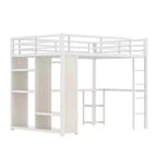 Cama alta tipo loft tamaño queen con armario integrado, cama alta de metal con escritorio y estantes de almacenamiento, grano de madera