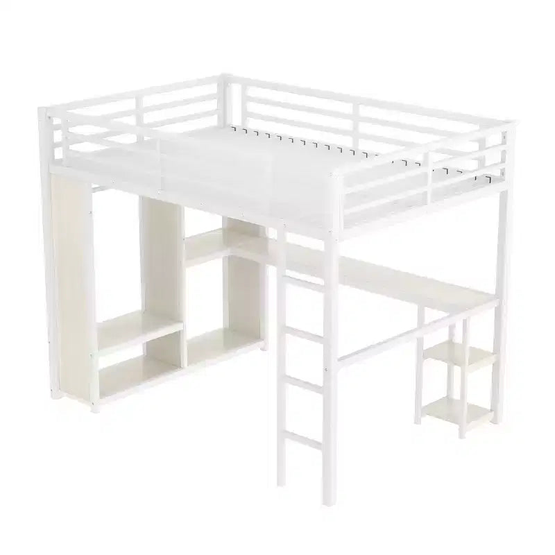 Cama alta tipo loft tamaño queen con armario integrado, cama alta de metal con escritorio y estantes de almacenamiento, grano de madera