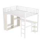 Cama alta tipo loft tamaño queen con armario integrado, cama alta de metal con escritorio y estantes de almacenamiento, grano de madera