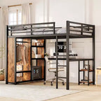 Queen Size Loft Bed Frame with Built-in Wardrobe Metal Loft Bed with Desk and Storage Shelves Woodgrain