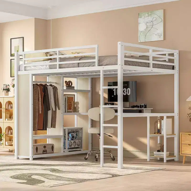 Cama alta tipo loft tamaño queen con armario integrado, cama alta de metal con escritorio y estantes de almacenamiento, grano de madera