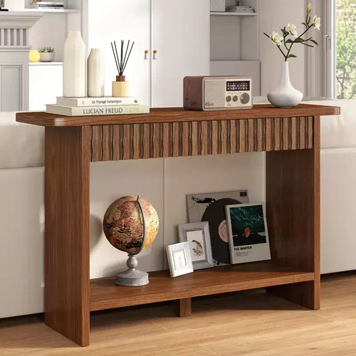 Mesa Consola Rústica de 51" con Cajones y Estante de Almacenamiento, Mesa Auxiliar Estrecha para Sala de Estar, Pasillo, Nogal