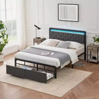 Base de cama tamaño Queen de plataforma tapizada con LED y cabecera, 2 cajones de almacenaje, estructura de metal con listones de soporte resistentes, no requiere somier