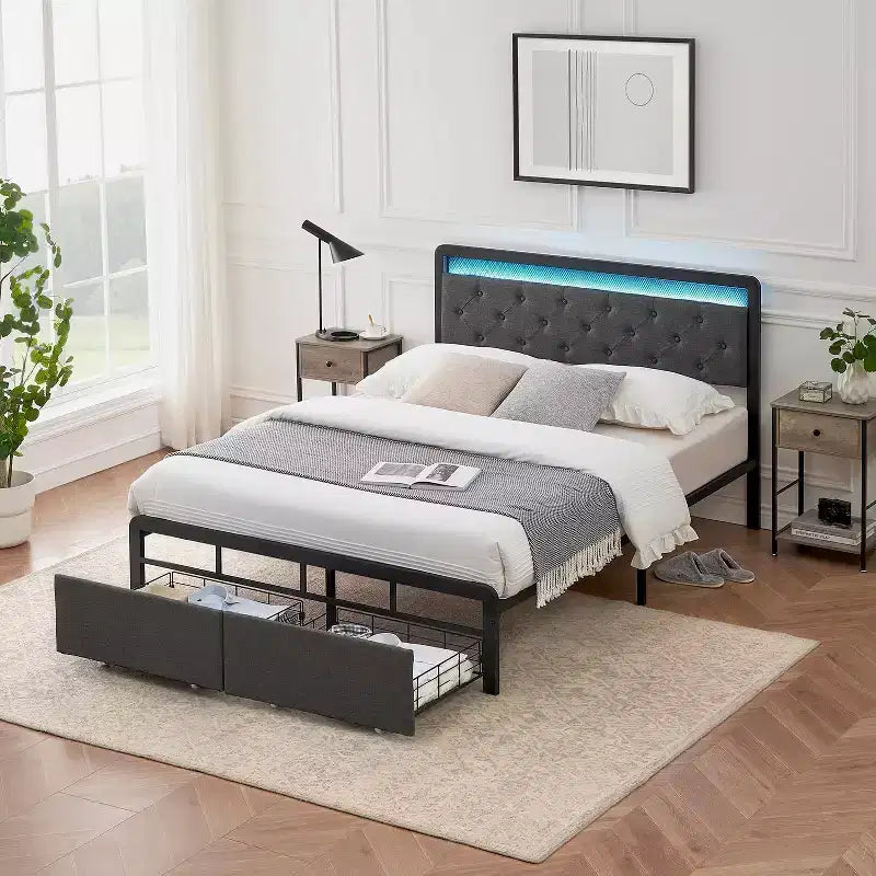 Base de cama tamaño Queen de plataforma tapizada con LED y cabecera, 2 cajones de almacenaje, estructura de metal con listones de soporte resistentes, no requiere somier