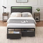 Base de cama tamaño Queen de plataforma tapizada con LED y cabecera, 2 cajones de almacenaje, estructura de metal con listones de soporte resistentes, no requiere somier