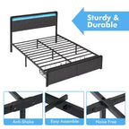 Base de cama tamaño Queen de plataforma tapizada con LED y cabecera, 2 cajones de almacenaje, estructura de metal con listones de soporte resistentes, no requiere somier