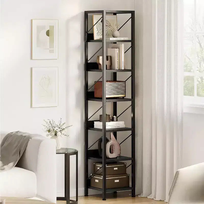 Acekool 6 Tier Narrow Bookcase, Tall Skinny Bookshelf, Rustic Corner Shelf, Industrial Small Book Shelf for Bedroom, Living Room, Office