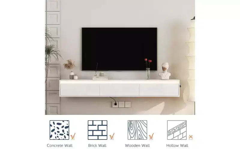 Mueble de TV flotante montado en la pared con toma de corriente, centro de entretenimiento moderno para TV de 65 pulgadas, estante de TV de alto brillo con luces LED para sala de estar, dormitorio