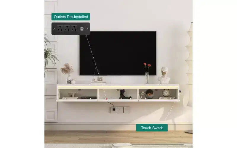 Mueble de TV flotante montado en la pared con toma de corriente, centro de entretenimiento moderno para TV de 65 pulgadas, estante de TV de alto brillo con luces LED para sala de estar, dormitorio
