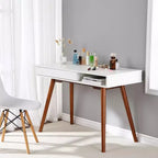 Escritorio moderno para oficina en casa de 29.5 pulgadas con cajón, escritorio para computadora o escritura de mediados de siglo, patas de madera, cubículo de almacenamiento abierto, tocador pequeño