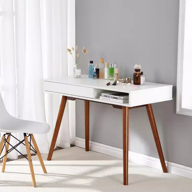 Escritorio moderno para oficina en casa de 29.5 pulgadas con cajón, escritorio para computadora o escritura de mediados de siglo, patas de madera, cubículo de almacenamiento abierto, tocador pequeño