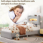 Base de Cama Doble Tapizada con Cabecero de Almacenamiento de 2 Niveles, Cama de Plataforma LED con Estación de Carga y Cajón para Niños/Niñas, No Necesita Somier
