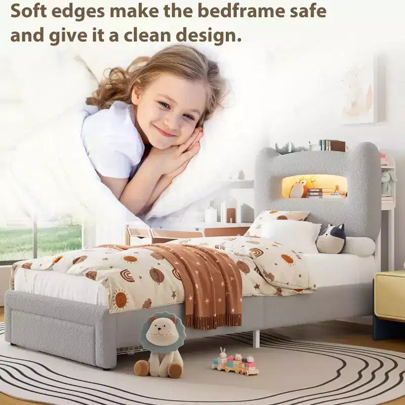 Base de Cama Doble Tapizada con Cabecero de Almacenamiento de 2 Niveles, Cama de Plataforma LED con Estación de Carga y Cajón para Niños/Niñas, No Necesita Somier