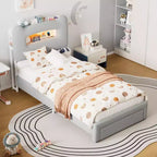 Base de Cama Doble Tapizada con Cabecero de Almacenamiento de 2 Niveles, Cama de Plataforma LED con Estación de Carga y Cajón para Niños/Niñas, No Necesita Somier