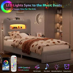 Base de Cama Doble Tapizada con Cabecero de Almacenamiento de 2 Niveles, Cama de Plataforma LED con Estación de Carga y Cajón para Niños/Niñas, No Necesita Somier